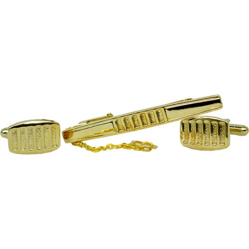 Fratello Gold Plated Curved Rectangular Cuff links And Tie Clip Set With Engraved Vertical Stripe CL059